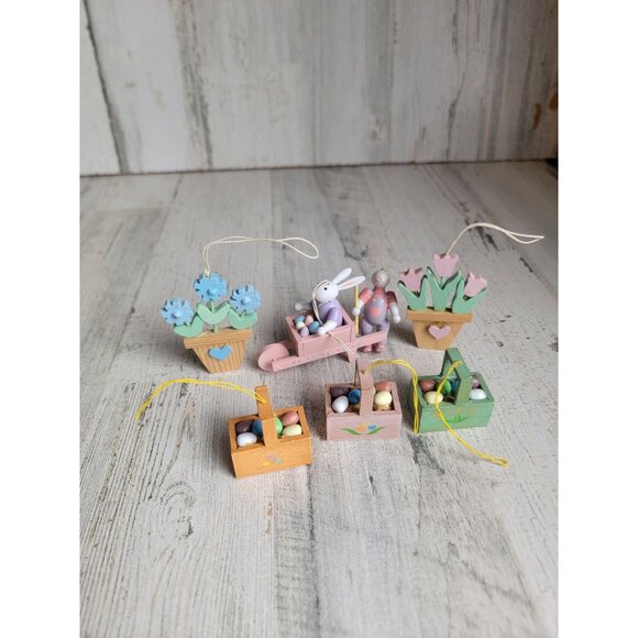 Vintage wooden Easter bunny egg Barrel AS IS ornament set Xmas spring - Picture 1 of 13